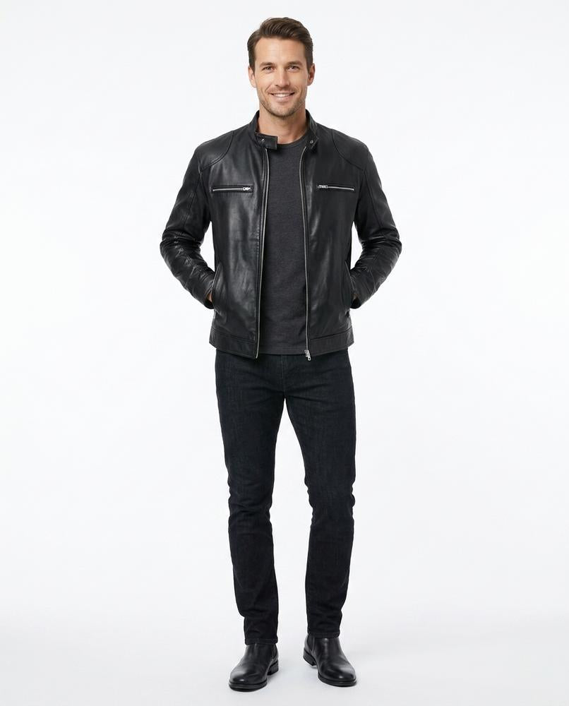 Nord Wear - Tenev | Zip-Up Band Collar Leather Jacket Men