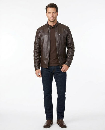 Nord Wear - Tenev | Zip-Up Band Collar Leather Jacket Men