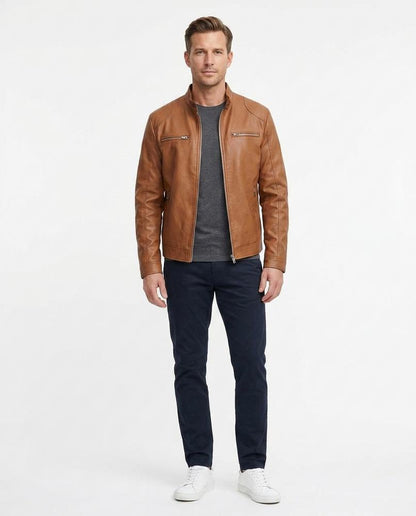 Nord Wear - Tenev | Zip-Up Band Collar Leather Jacket Men