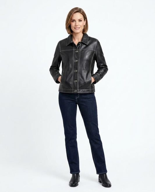 Nord Wear - Zitul | Contrast-Stitched Buttoned Leather Jacket Women