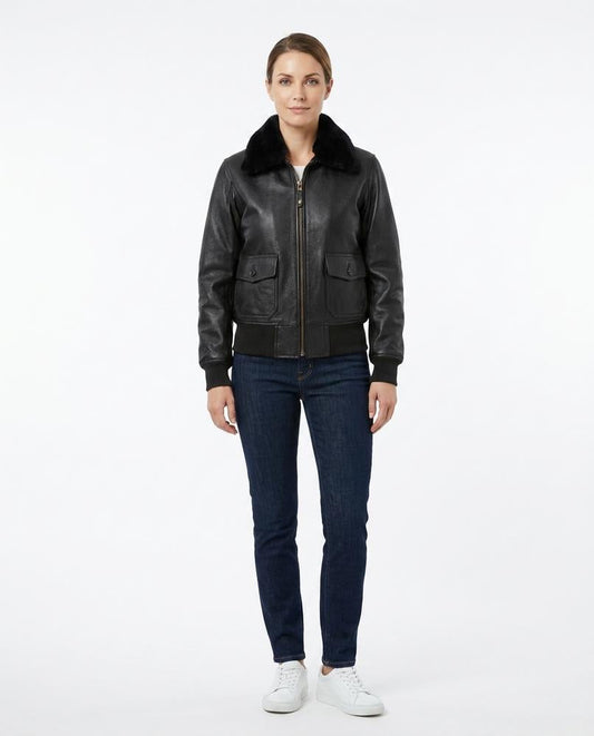 Nord Wear - Sosev | Fur-Collar Zippered Leather Jacket Women