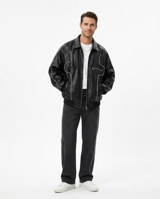 Nord Wear - Mamad | Piped Oversized Leather Jacket Men