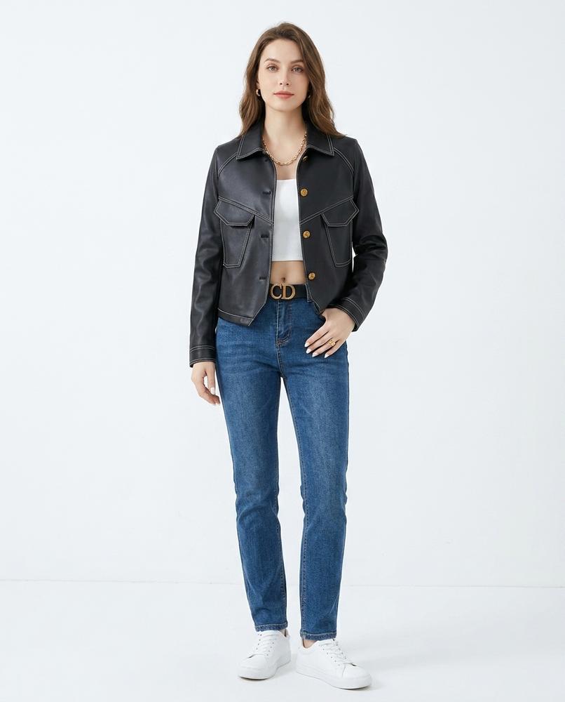 Nord Wear - Daser | Contrast-Stitched Button-Front Leather Jacket Women