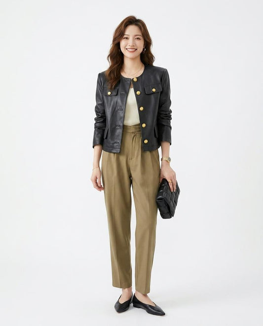 Nord Wear - Salan | Collarless Button-Front Leather Jacket Women