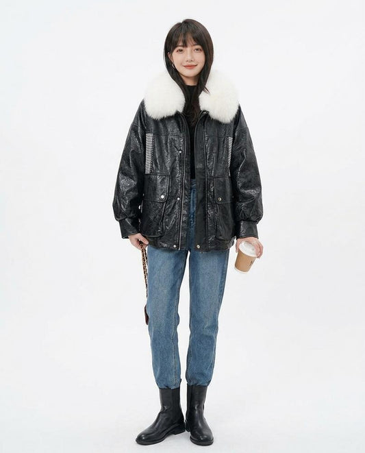 Nord Wear - Zavel | Faux Fur-Collar Faux Leather Jacket Women