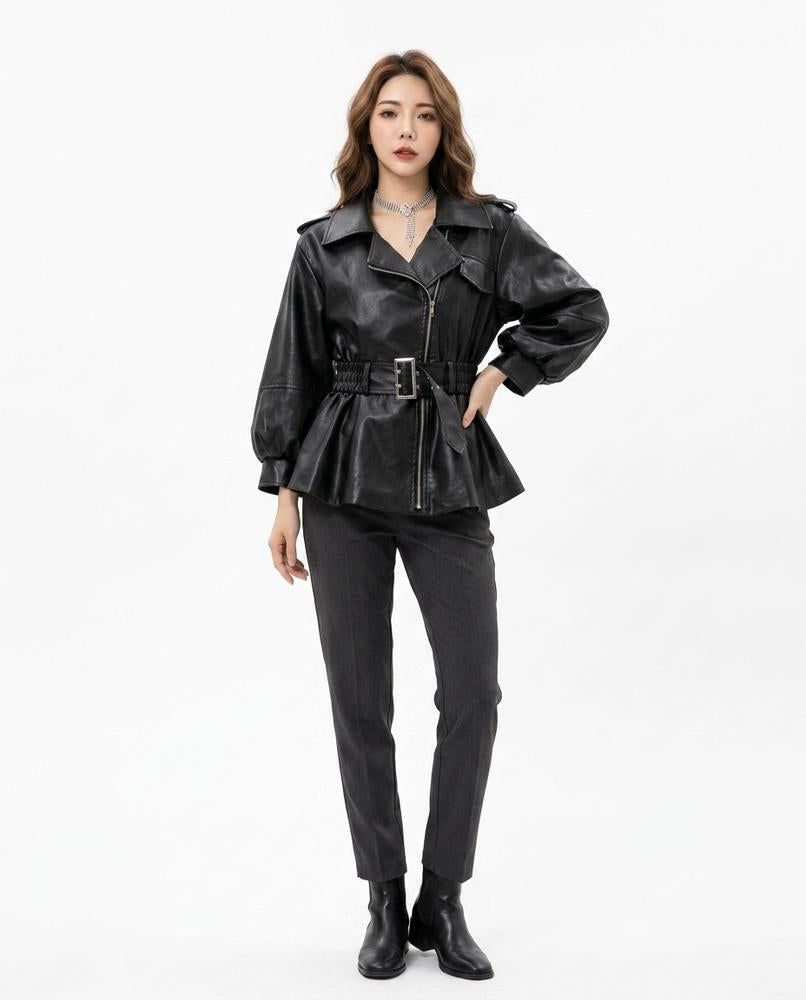 Nord Wear - Seran | Belted Peplum Leather Jacket Women